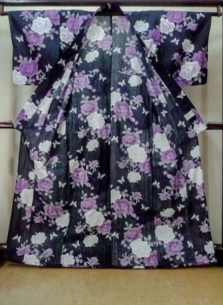 Photo2: M0914K Used Japanese women  Dark Navy Blue YUKATA summer(made in Other than Japan) / Cotton. Rose,   (Grade C) (2)