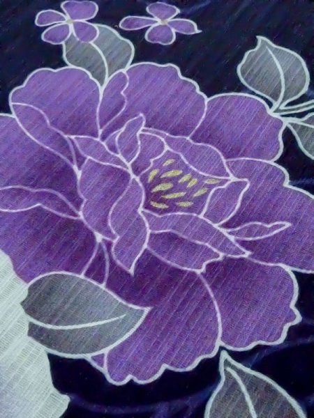 Photo10: M0914K Used Japanese women  Dark Navy Blue YUKATA summer(made in Other than Japan) / Cotton. Rose,   (Grade C) (10)
