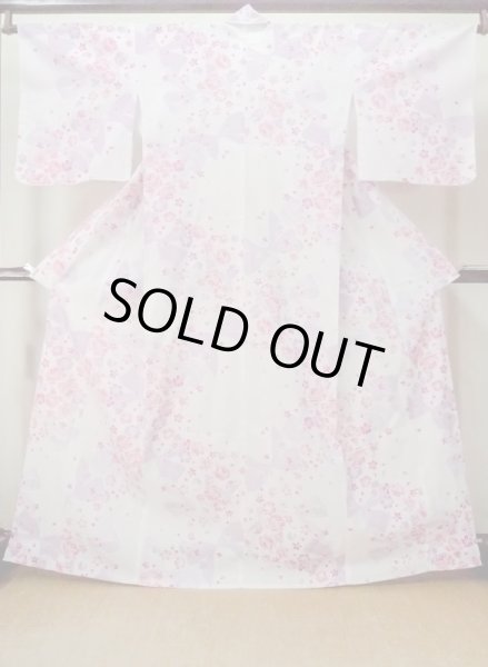 Photo1: M0914M Used Japanese women Pale Light Pink YUKATA summer(made in Other than Japan) / Cotton. Flower, Ribbon pattern  (Grade C) (1)