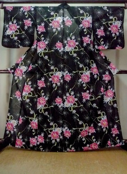 Photo1: M0914N Used Japanese women   Black YUKATA summer(made in Other than Japan) / Cotton. Flower, Ribbon pattern  (Grade A) (1)