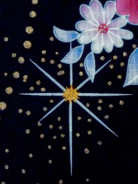 Photo7: M0914N Used Japanese women   Black YUKATA summer(made in Other than Japan) / Cotton. Flower, Ribbon pattern  (Grade A) (7)