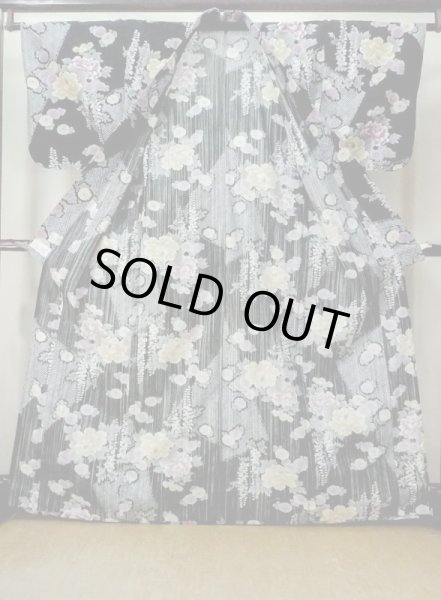 Photo2: M0914Q Used Japanese women   Black YUKATA summer(made in Other than Japan) / Cotton. Peony,   (Grade A) (2)