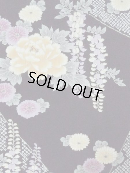 Photo3: M0914Q Used Japanese women   Black YUKATA summer(made in Other than Japan) / Cotton. Peony,   (Grade A) (3)