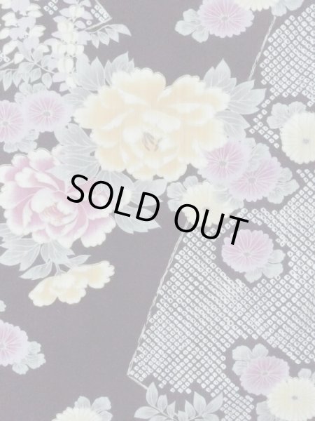Photo4: M0914Q Used Japanese women   Black YUKATA summer(made in Other than Japan) / Cotton. Peony,   (Grade A) (4)