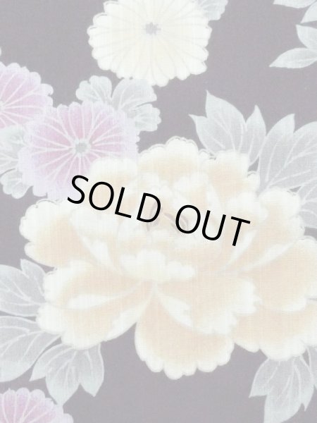 Photo5: M0914Q Used Japanese women   Black YUKATA summer(made in Other than Japan) / Cotton. Peony,   (Grade A) (5)