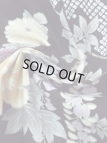 Photo11: M0914Q Used Japanese women   Black YUKATA summer(made in Other than Japan) / Cotton. Peony,   (Grade A) (11)