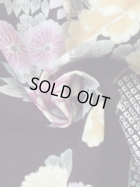 Photo12: M0914Q Used Japanese women   Black YUKATA summer(made in Other than Japan) / Cotton. Peony,   (Grade A) (12)