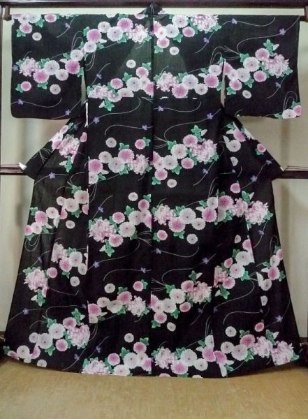 Photo1: M0914R Used Japanese women   Black YUKATA summer(made in Other than Japan) / Cotton. SAKURA cherry blossom,   (Grade C) (1)