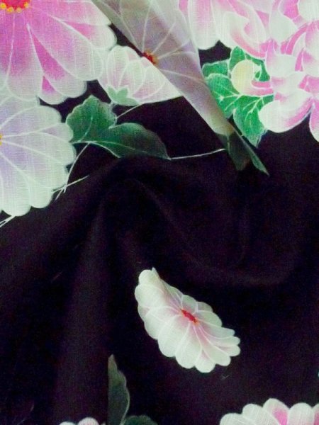 Photo9: M0914R Used Japanese women   Black YUKATA summer(made in Other than Japan) / Cotton. SAKURA cherry blossom,   (Grade C) (9)