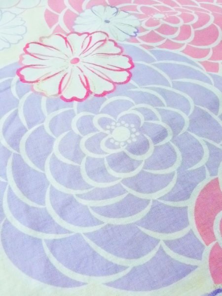 Photo9: M0914S Used Japanese women   Ivory YUKATA summer(made in Other than Japan) / Cotton. Flower   (Grade B) (9)