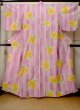 Photo1: M0914T Used Japanese women   Pink YUKATA summer(made in Other than Japan) / Cotton.  Hibiscus pattern, Base woven pattern: Heart pattern  (Grade B) (1)