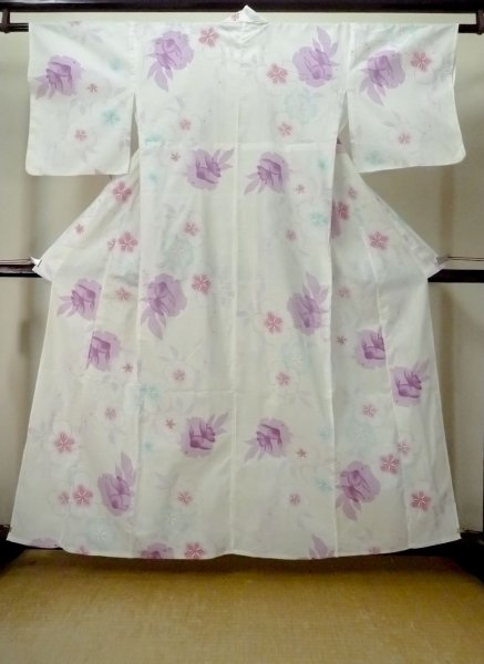 Photo1: M0914U Used Japanese women   Off White YUKATA summer(made in Other than Japan) / Cotton. SAKURA cherry blossom, Goldfish pattern  (Grade C) (1)