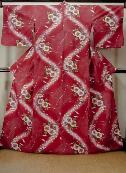 Photo1: M0914W Used Japanese women   Red YUKATA summer(made in Other than Japan) / Cotton. SAKURA cherry blossom, Morning glory, dragonfly pattern  (Grade B) (1)