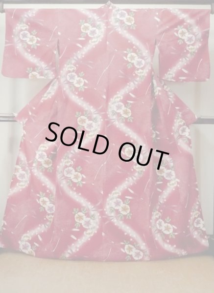Photo1: M0914W Used Japanese women   Red YUKATA summer(made in Other than Japan) / Cotton. SAKURA cherry blossom, Morning glory, dragonfly pattern  (Grade B) (1)