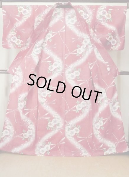 Photo2: M0914W Used Japanese women   Red YUKATA summer(made in Other than Japan) / Cotton. SAKURA cherry blossom, Morning glory, dragonfly pattern  (Grade B) (2)