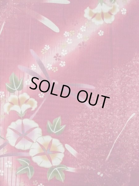 Photo3: M0914W Used Japanese women   Red YUKATA summer(made in Other than Japan) / Cotton. SAKURA cherry blossom, Morning glory, dragonfly pattern  (Grade B) (3)