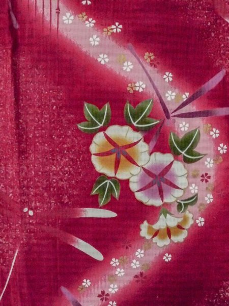 Photo4: M0914W Used Japanese women   Red YUKATA summer(made in Other than Japan) / Cotton. SAKURA cherry blossom, Morning glory, dragonfly pattern  (Grade B) (4)