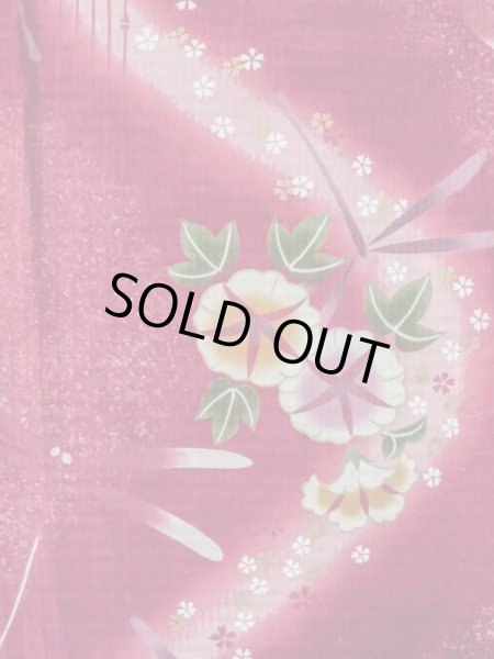 Photo4: M0914W Used Japanese women   Red YUKATA summer(made in Other than Japan) / Cotton. SAKURA cherry blossom, Morning glory, dragonfly pattern  (Grade B) (4)