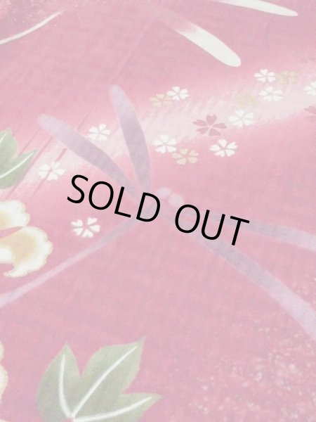 Photo7: M0914W Used Japanese women   Red YUKATA summer(made in Other than Japan) / Cotton. SAKURA cherry blossom, Morning glory, dragonfly pattern  (Grade B) (7)