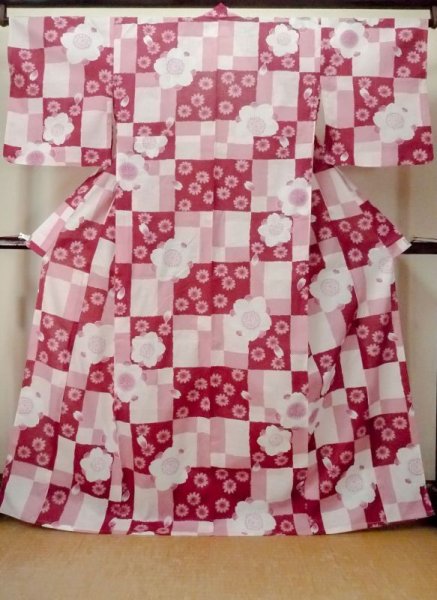 Photo1: M0914X Used Japanese women   Pink YUKATA summer(made in Other than Japan) / Cotton. SAKURA cherry blossom, Sunflower pattern  (Grade A) (1)