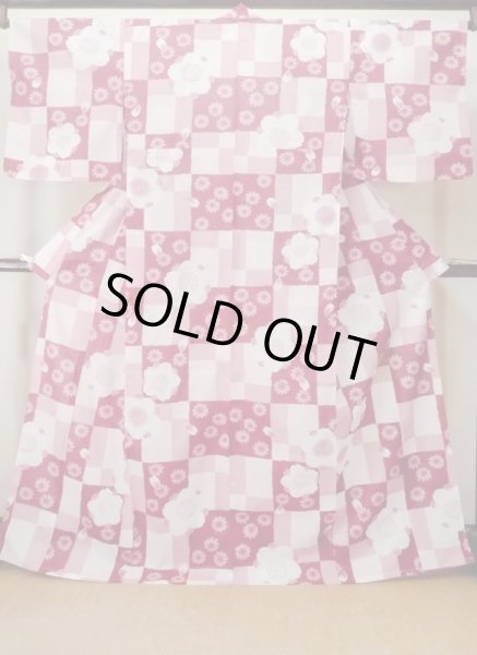 Photo1: M0914X Used Japanese women   Pink YUKATA summer(made in Other than Japan) / Cotton. SAKURA cherry blossom, Sunflower pattern  (Grade A) (1)