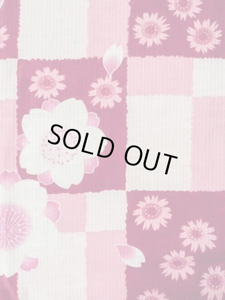 Photo3: M0914X Used Japanese women   Pink YUKATA summer(made in Other than Japan) / Cotton. SAKURA cherry blossom, Sunflower pattern  (Grade A) (3)