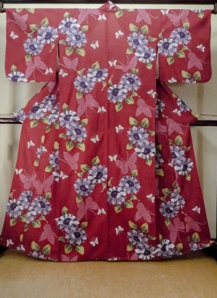 Photo1: M0914Y Vintage Japanese women   Dark Red YUKATA summer(made in Other than Japan) / Cotton. Butterfly, Sunflower pattern  (Grade B) (1)