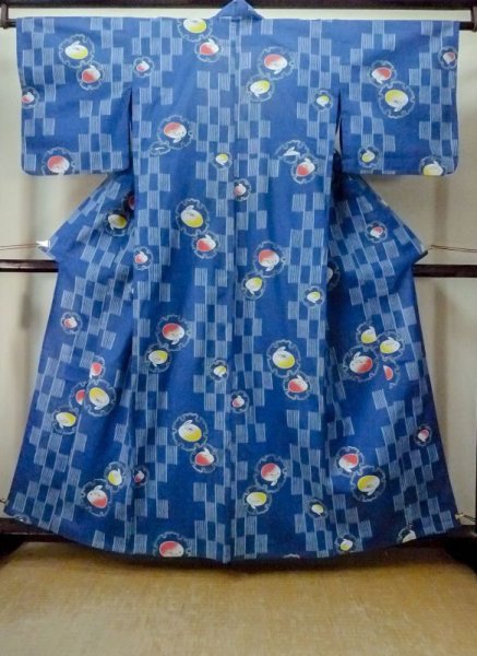 Photo1: M0914Z Used Japanese women   Blue YUKATA summer(made in Other than Japan) / Cotton. Line, Rabbit pattern  (Grade B) (1)