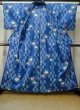 Photo2: M0914Z Used Japanese women   Blue YUKATA summer(made in Other than Japan) / Cotton. Line, Rabbit pattern  (Grade B) (2)