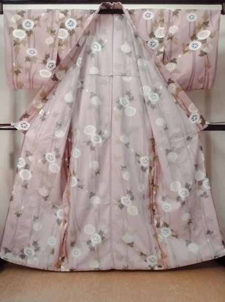 Photo2: M0915A Used Japanese women Light Grayish Coral YUKATA summer(made in Other than Japan) / Cotton. Line, Morning glory pattern  (Grade C) (2)