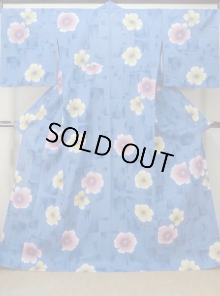 Photo1: M0915B Used Japanese women   Blue YUKATA summer(made in Japan) / Cotton. Flower,   (Grade C) (1)