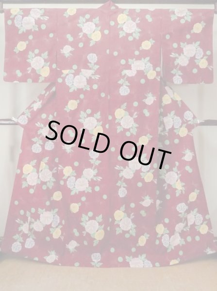 Photo2: M0915D Used Japanese women   Dark Red YUKATA summer(made in Other than Japan) / Cotton. Circle, Morning glory pattern  (Grade D) (2)