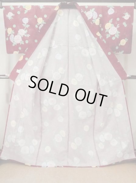 Photo3: M0915D Used Japanese women   Dark Red YUKATA summer(made in Other than Japan) / Cotton. Circle, Morning glory pattern  (Grade D) (3)