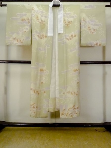 Photo1: M0922D Antique Japanese women  Pale Olive JUBAN undergarment / Silk. Flower,   (Grade C) (1)