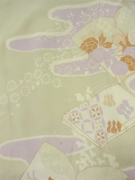 Photo3: M0922D Antique Japanese women  Pale Olive JUBAN undergarment / Silk. Flower,   (Grade C) (3)