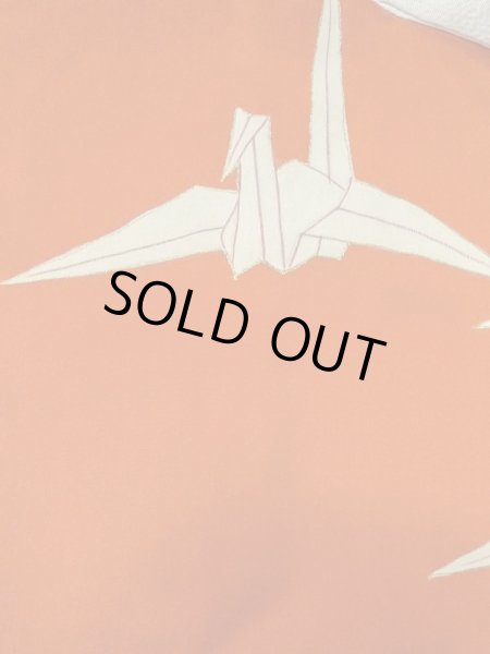 Photo3: M0922E Antique Japanese women   Red JUBAN undergarment / Silk. Crane Paper crane pattern  (Grade B) (3)