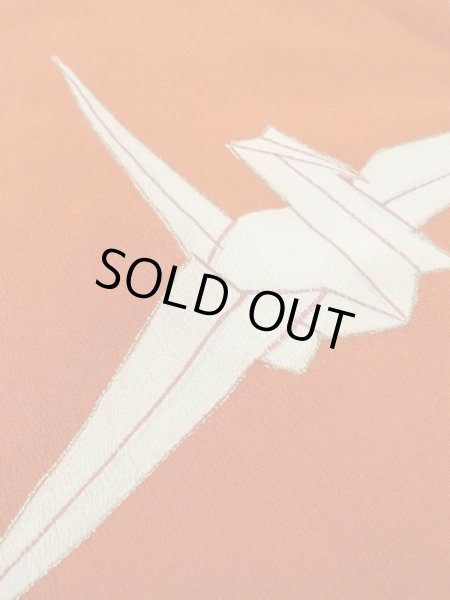 Photo9: M0922E Antique Japanese women   Red JUBAN undergarment / Silk. Crane Paper crane pattern  (Grade B) (9)