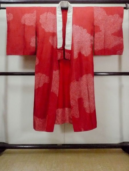 Photo1: M0922I Antique Japanese women   Red JUBAN undergarment / Silk. Cloud Stains/Soils all over. There is an impression from use.  (Grade D) (1)