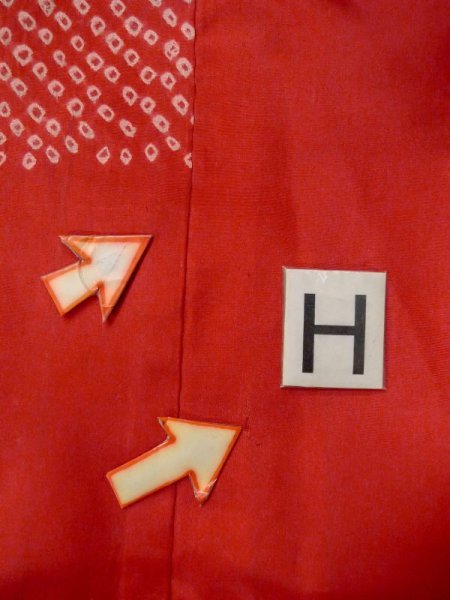 Photo21: M0922I Antique Japanese women   Red JUBAN undergarment / Silk. Cloud Stains/Soils all over. There is an impression from use.  (Grade D) (21)