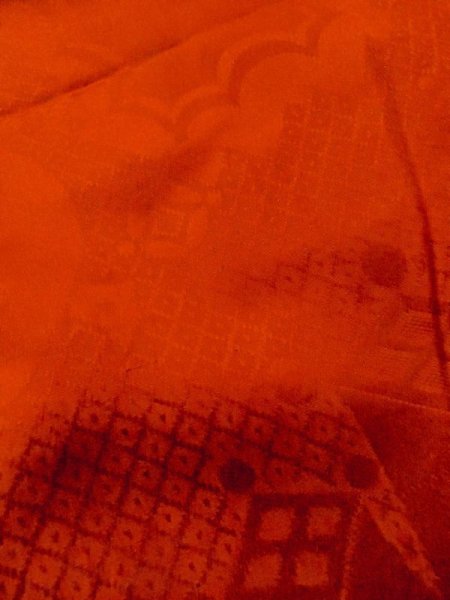 Photo10: M0922M Antique Japanese women   Red JUBAN undergarment / Silk. Chrysanthemum, Stains/Soils all over. There is an impression from use.  (Grade D) (10)