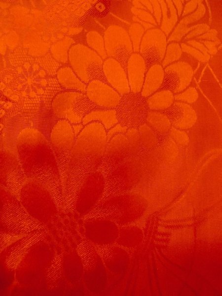 Photo5: M0922N Antique Japanese women   Vermilion JUBAN undergarment / Silk. Flower, There is an impression from use.  (Grade D) (5)