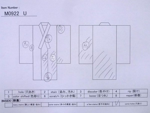 Photo11: M0922U Antique Japanese women   Vermilion JUBAN undergarment / Silk.  Aging deterioration. There is an impression from use. Based woven pattern : Curved lines, Padding at the hem.  (Grade D) (11)