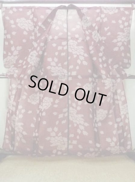 Photo2: M1010C Antique Japanese women  Dark Red Summer / Silk. Peony Stains/Soils all over. Aging deterioration. There is an impression from use.  (Grade D) (2)