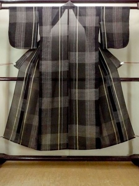 Photo1: M1010K Antique Japanese women   Black Summer / Silk. Stripes,   (Grade D) (1)