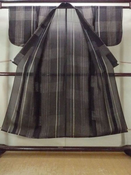 Photo2: M1010K Antique Japanese women   Black Summer / Silk. Stripes,   (Grade D) (2)