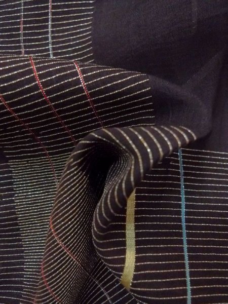 Photo11: M1010K Antique Japanese women   Black Summer / Silk. Stripes,   (Grade D) (11)