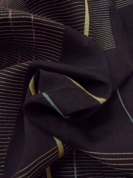 Photo12: M1010K Antique Japanese women   Black Summer / Silk. Stripes,   (Grade D) (12)