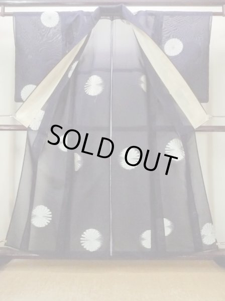 Photo2: M1010X Antique Japanese women   Indigo Blue HITOE unlined / Silk. Flower,   (Grade C) (2)