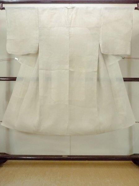 Photo1: M1011D Vintage Japanese   Beige Men's Kimono / Linen. Geometrical pattern   (Grade C) (1)
