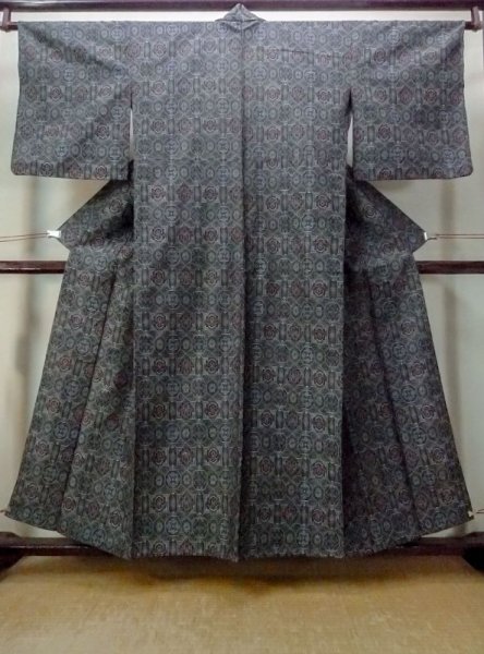 Photo1: M1018G Vintage Japanese women   Gray HITOE unlined / Wool. Flower,   (Grade B) (1)